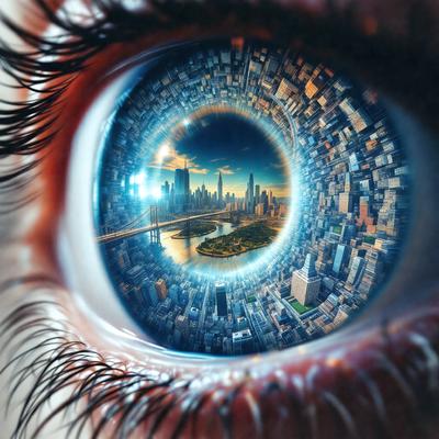 Primary subject: Eye
Setting/background: Cityscape
Visual style: Digital art
Colors and mood: Blue and white